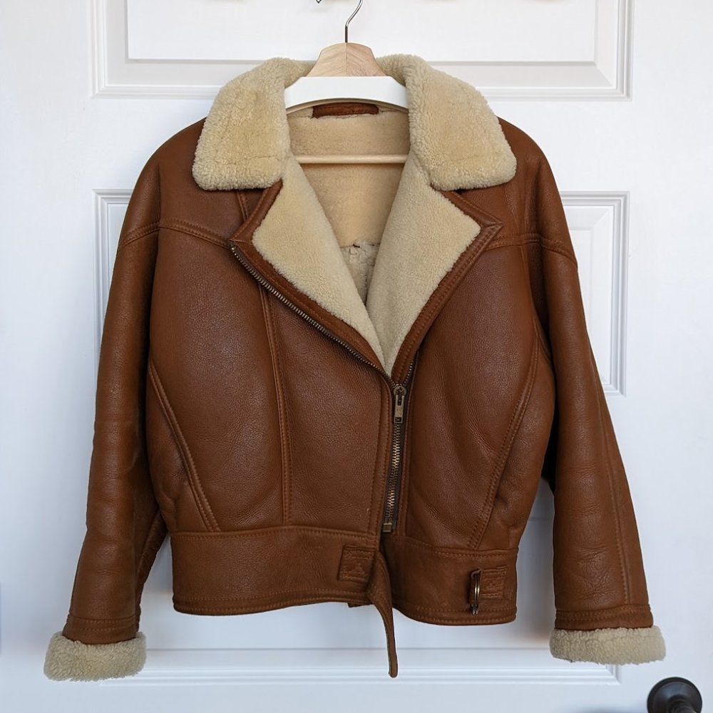 Vintage 70s Leather Real Shearling Aviator Jacket
